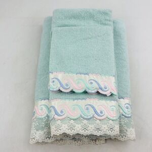 Vtg Cannon Towel Set Bath Hand Washcloth Green Pastel Scroll Scalloped Lace Trim